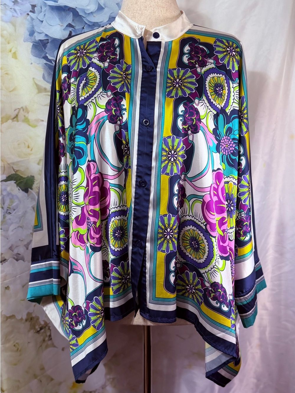 Vibrant Floral Satin Button-Up Shirt Top Blouse Square Cut in Purple & Teal